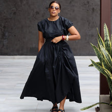 Load image into Gallery viewer, Two-Piece Skirt Set for Women Short Puff Sleeve Crop Top and High Waist Ruched Skirt Elegant Casual Flowy Outfit with Pockets
