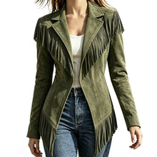 Load image into Gallery viewer, Women Faux Suede Fringe Slim Fit Turn Down Collar Long Sleeve Jacket
