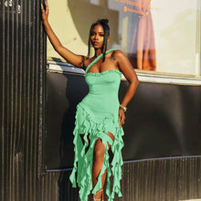 画像をギャラリービューアに読み込む, Hugcitar Elegant Halter Solid Ruffles Backless Taseel  Mini Dress
