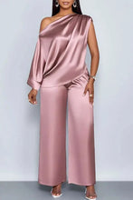 Load image into Gallery viewer, Women Satin Two Piece Set One Shoulder Asymmetrical Single Flared Sleeve Blouse Straight Wide Leg Pants Elegant Matching Set
