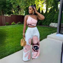 Cargar imagen en el visor de la galería, Floral Print  One Shoulder Crop Top and Loose Wide Leg Pants
