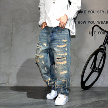 Load image into Gallery viewer, Mens Ripped Baggy Distressed Denim Straight Leg Patchwork Oversized  Jeans
