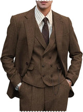 Load image into Gallery viewer, Men's Regular Fit 3 Piece Notch Lapel Double Breasted Tweed Herringbone Blazer Vest Suit

