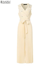 Load image into Gallery viewer, Fashion Women Jumpsuits 2026 ZANZEA Summer Rompers Elegant Wide Leg Work OL Overalls V Neck Sleeveless Pleated Playsuit Trousers
