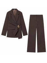 Load image into Gallery viewer, Women Suit Pants Two-Piece Set Buckle Decoration Long Sleeve Blazer Coat + Straight-Leg Pants 2 Pieces Sets Chic Woman Outfits
