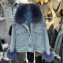 画像をギャラリービューアに読み込む, Fox Fur Denim Fleece-Lined and Batwing Sleeve Cotton Coat
