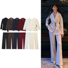 Load image into Gallery viewer, Women Suit Pants Two-Piece Set Buckle Decoration Long Sleeve Blazer Coat + Straight-Leg Pants 2 Pieces Sets Chic Woman Outfits
