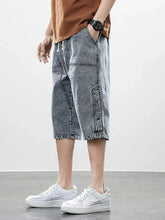 Load image into Gallery viewer, 8XL Summer Men's Jeans Denim Breeches Calf-Length Casual Shorts Washed Cotton Drawstring Straight Capris Pants Big Size
