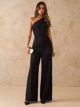 Load image into Gallery viewer, Slim Fit Stylish Jumpsuit Slanted Shoulder Single Sleeve Waist Cinched Wide Leg Fashionable Casual Women's Clothing
