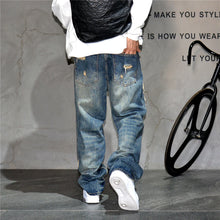 Load image into Gallery viewer, Mens Ripped Baggy Distressed Denim Straight Leg Patchwork Oversized  Jeans

