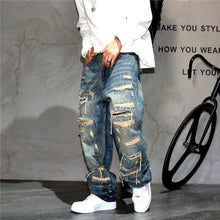 Load image into Gallery viewer, Mens Ripped Baggy Distressed Denim Straight Leg Patchwork Oversized  Jeans
