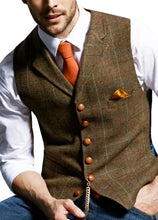 Load image into Gallery viewer, Mens Suit Vest Notched Plaid Wool Herringbone Tweed Waistcoat Casual Formal Business Groomman For Wedding
