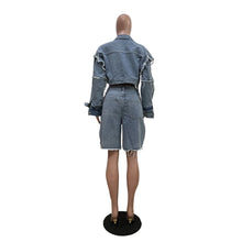 Lade das Bild in den Galerie-Viewer, Shorts Pant Set Women Two Piece Sets Denim Turn Down Collar Matching Sets Tops Knee Length Pants High Waist Y2k Streetwear
