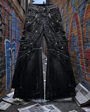 Load image into Gallery viewer, Streetwear Goth Punk Multi-Pocket Cargo Jeans Mens Black Distressed Flared Denim Pants with Straps Zippers Studs  Frayed Edges
