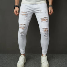 Cargar imagen en el visor de la galería, Pantalones vaqueros ajustados elásticos de estilo sencillo para hombre, pantalones vaqueros ajustados con agujeros, desgastados y lisos
