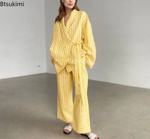 Load image into Gallery viewer, Women's Two-piece Set  Autumn New Striped Long-sleeved Loose Lace-up Top High-waisted Trousers Fashion Casual Suit for Women
