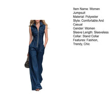 Load image into Gallery viewer, Jumpsuit Comfortable Women Jumpsuit Women’s Denim Jumpsuit with Stand Collar Wide Leg Rompers Zip Front One-piece Outfit
