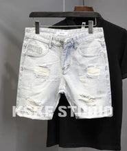 Load image into Gallery viewer, Summer Old Light White Cat Whisker Ripped Denim Four-and-five Pants Men's Slim-fitting Small Feet Versatile Trend Short Pants
