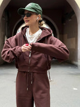 Load image into Gallery viewer, Women Tracksuits Winter Fleece Sweatsuit Brown Warm Crop Zipper Hoodies And Sweatpants Set For Women 2 Piece Velvet Pants Sets
