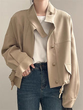Load image into Gallery viewer, Standing Collar Short Hem Drawstring Trench Coat
