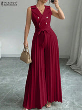 Load image into Gallery viewer, Fashion Women Jumpsuits 2026 ZANZEA Summer Rompers Elegant Wide Leg Work OL Overalls V Neck Sleeveless Pleated Playsuit Trousers
