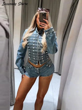 Load image into Gallery viewer, Y2K Style Denim Jacket Shorts Set Women's Stand Collar Button Long Sleeve Coats Low Waist Mini Short 2026 Summer New Lady Outfit
