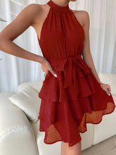 Load image into Gallery viewer, Women's Red Mini Dress Vestidos 2025 Summer Fashion Sexy Style Halter Sleeveless Ruffle Edge Tied Woman Dresses Women Sundress
