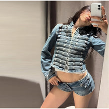 Load image into Gallery viewer, Y2K Style Denim Jacket Shorts Set Women's Stand Collar Button Long Sleeve Coats Low Waist Mini Short 2026 Summer New Lady Outfit
