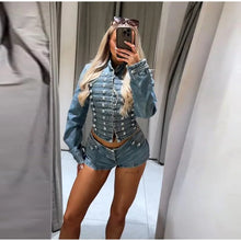 Load image into Gallery viewer, Y2K Style Denim Jacket Shorts Set Women's Stand Collar Button Long Sleeve Coats Low Waist Mini Short 2026 Summer New Lady Outfit

