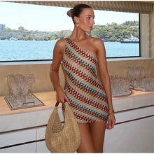 Load image into Gallery viewer, Irregular Printed Knitted Mini Dress For Women Chic Backless Slanted Shoulder Slim Fit Dresses Summer Holiday Beach Robes
