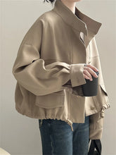 Load image into Gallery viewer, Standing Collar Short Hem Drawstring Trench Coat
