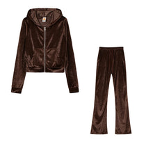 Load image into Gallery viewer, Fashion Trend Gold Velvet Pocket Hoodie Zipper Sweater Wide Leg Pants Two-piece Women's Suit
