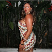 Load image into Gallery viewer, Irregular Printed Knitted Mini Dress For Women Chic Backless Slanted Shoulder Slim Fit Dresses Summer Holiday Beach Robes
