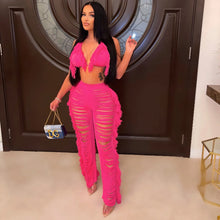 Load image into Gallery viewer, Sexy Two Piece Pant Sets Women Hollow Out Trousers Matching Sets Strapless Tassels Hole Pencil Pants Suits High Street Summer
