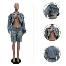 Lade das Bild in den Galerie-Viewer, Shorts Pant Set Women Two Piece Sets Denim Turn Down Collar Matching Sets Tops Knee Length Pants High Waist Y2k Streetwear
