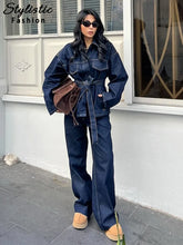 Load image into Gallery viewer, Casual Denim Jacket Pants Set Women Lace Up Lapel Pocket Single Breasted Coat Straight Jeans 2025 Spring High Street Outfit Lady
