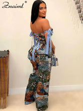 Lade das Bild in den Galerie-Viewer, Znaiml New Print Off Shoulder Bandage Crop Tops and Wide Legs Cargo Pants
