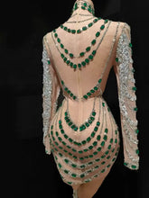 Load image into Gallery viewer, Luxurious Mini Dress Women Transparent Rhinestones Bodycon Singer Bar Club Shiny Short Dress Celebrity Party Evening Stage Costu
