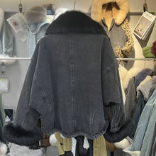 画像をギャラリービューアに読み込む, Fox Fur Denim Fleece-Lined and Batwing Sleeve Cotton Coat
