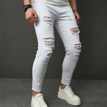 Cargar imagen en el visor de la galería, Pantalones vaqueros ajustados elásticos de estilo sencillo para hombre, pantalones vaqueros ajustados con agujeros, desgastados y lisos
