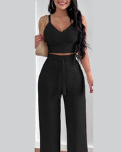 Cargar imagen en el visor de la galería, 2 Piece  V-Neck Strap Shirred Slim Crop Top &amp; Lace-up Wide Leg Pants Sets
