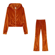 Load image into Gallery viewer, Fashion Trend Gold Velvet Pocket Hoodie Zipper Sweater Wide Leg Pants Two-piece Women's Suit
