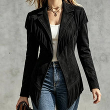 Load image into Gallery viewer, Women Faux Suede Fringe Slim Fit Turn Down Collar Long Sleeve Jacket
