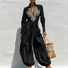 Load image into Gallery viewer, Women Jumpsuit Stand Collar V‑Neck Ethnic Long Sleeve Belted Waist Harem Balloon Pants Jumpsuit Vacation Casual One‑Piece Outfit
