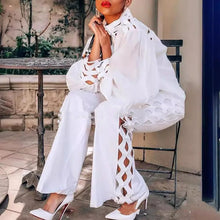 Load image into Gallery viewer, Plus Size Women's Elegant Two-Piece Set Ruffle Shirt White Long Sleeve Solid Blouse And Straight Side Hollow Out Long Pant Sets
