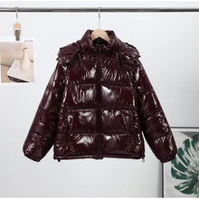 Load image into Gallery viewer, Fashion Shiny Solid Hooded Quilted Jacket Women Stand Collar Long Sleeve Zipper Pocket Street Warm Coat 2026 Winter Lady Outwear
