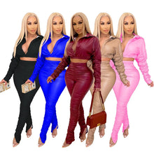 Lade das Bild in den Galerie-Viewer, Sexy PU Faux Leather Two Piece Set for Women Birthday Night Club Outfits Crop Top and Slit Stacked Pants Matching Sets Undefined
