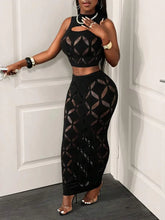 Lade das Bild in den Galerie-Viewer, FHSEER 2PCS Women's Plus Size Black Mesh Hollow Out Crop Tank &amp; High Maxi Dress Set
