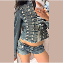 Load image into Gallery viewer, Y2K Style Denim Jacket Shorts Set Women's Stand Collar Button Long Sleeve Coats Low Waist Mini Short 2026 Summer New Lady Outfit
