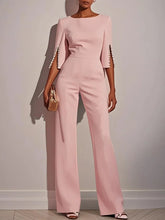 Load image into Gallery viewer, Women's Casual Solid Color 3/4 Length Sleeve Straight Round Neck Beaded High Waist Jumpsuit
